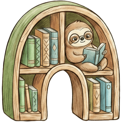 A sloth reading a book in a cozy bookshelf
